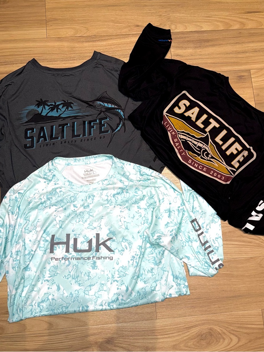 Salt Life/Huk Fishing tees (3 bund)- Aqua blue, Black, Gray, LONG SLEEVE MED/LRG